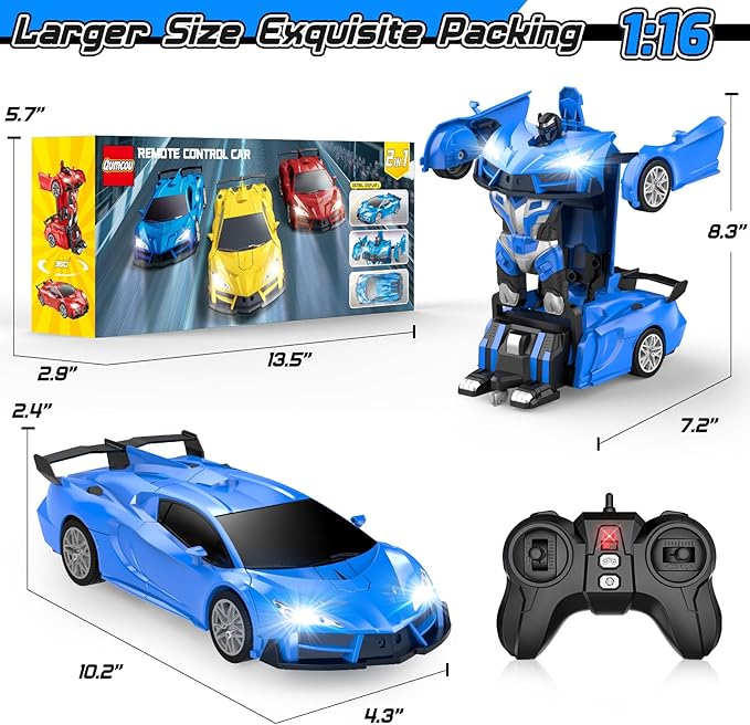 Transform Remote Control Car RC Cars for Boys Age 3-5 6-8 One-Button Transform Toy Cars 2.4GHz 360° Spin 1:16 Scale Flashing Headlight3-8 Year Old Grandkids Christmas Birthday Gifts