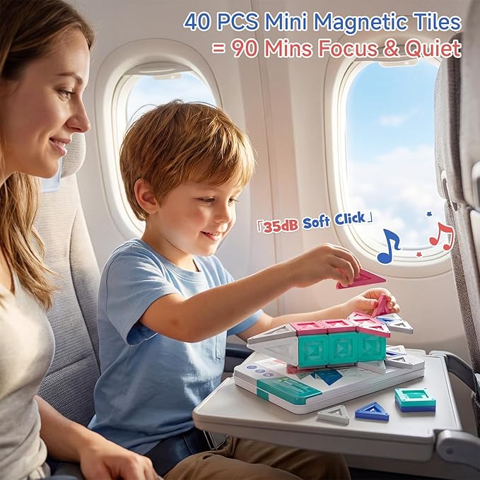 Magnetic Tiles Travel Set 40 PCS Morandi Building Block with Tin Box- 90Mins Quiet Play 45s Cleanup - Airplane Car Trip Activity Toy for Boys Age 3 4 5 6
