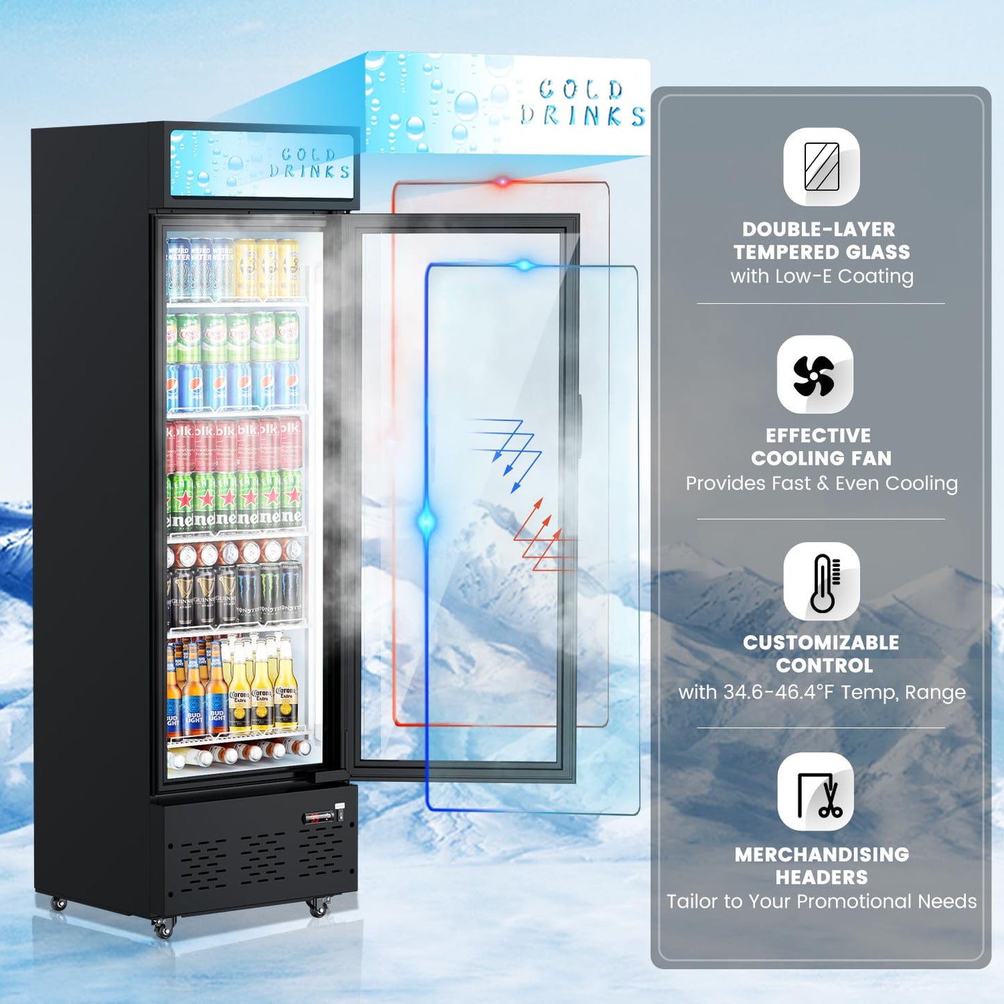 FreezLabs Glass Door Refrigerator Commercial Beverage Refrigerators with LED Light, 11 Cu.ft and 5 Shelves, Display Refrigerator for Cafe Restaurant Store Bar