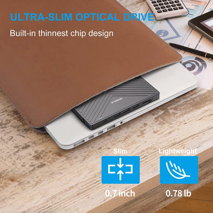 ORIGBELIE External CD DVD Drive, Ultra Slim CD Burner USB 3.0 with 4 USB Ports and 2 TF/SD Card Slots, Optical Disk Drive for Laptop Mac, PC Windows 11/10/8/7 Linux OS