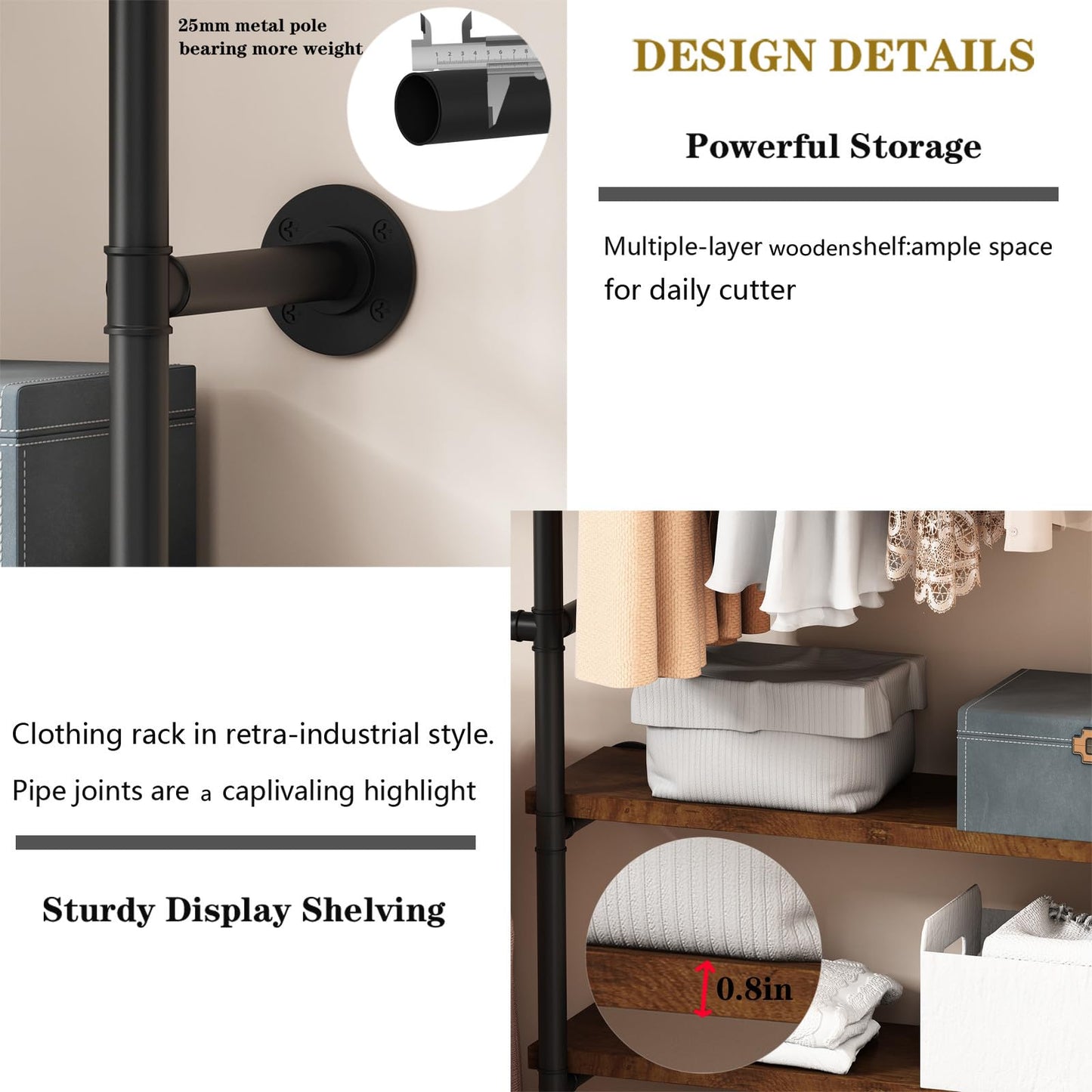 KAILNKISS Industrial Pipe Clothes Rack, Wall Mounted Clothing Rack with Shelves, Heavy Duty Closet Organizers Wardrobe Multi-Purpose Storage Clothes Hanging Shelf-70.8''L Black