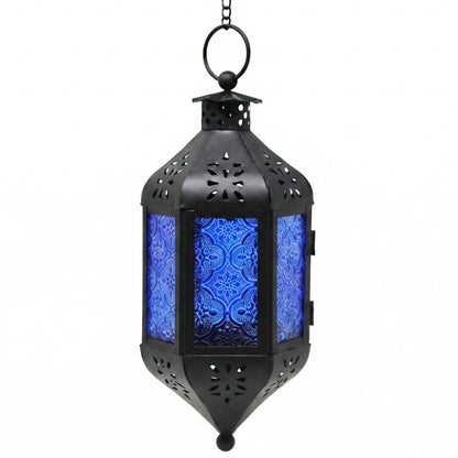 Vela Lanterns Hanging Moroccan Lamp - Exotic Decorative Patio & Porch Decor, Indoor Outdoor Tea Light Candle Lantern Holder with Chain (11" Medium, Cobalt Blue Glass)