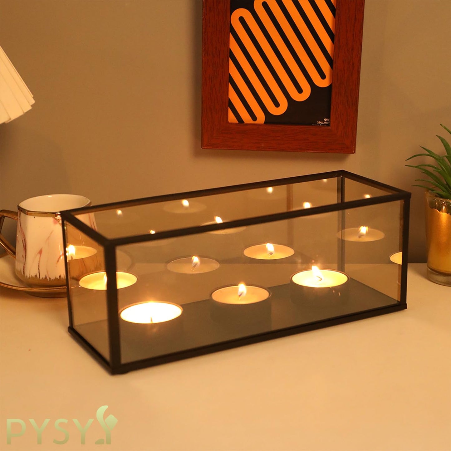 Black Metal Glass Frame Candle Holder with 3 Round Tealight Bases，Long Glass Tea Light Candle Holder Centerpiece Box, 8.5 x 3.15 x 3.15in (3 Candle Cup Bases)