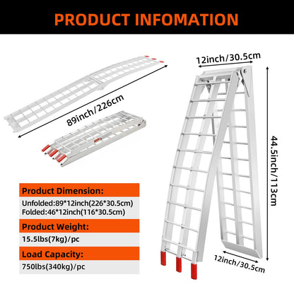 Loezora Heavy Duty 1500lbs Folding Motorcycle Ramp for Pickup Trucks & Trailers, 89"x13" Loading Ramp with Secure Load Straps, Compatible with Dirt Bike, UTV, ATV, Lawn Mower, Snowblower (2-Packs)