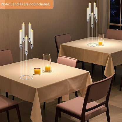 4Pcs 5 Arms Acrylic Candelabra Centerpieces for Tables Decortion,Clear Candle Holder for Wedding Dinner Fireplace Decoration,35 inches Tall Candlesticks Holder with Lampshade, Fits LED Candle