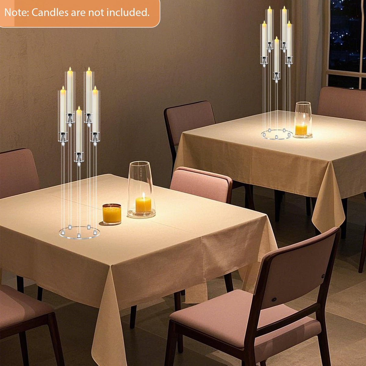2Pcs 5 Arms Acrylic Candelabra Centerpieces for Tables Decortion,Clear Candle Holder for Wedding Dinner Fireplace Decoration,35 inches Tall Candlesticks Holder with Lampshade, Fits LED Candle