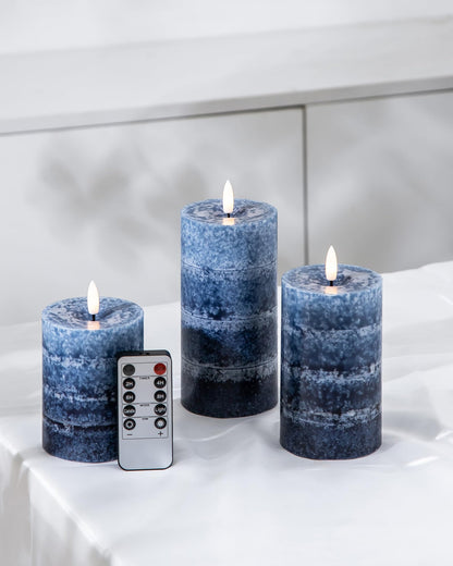 Stmarry Gradient Navy Blue Flameless Candles with Remote and Timer, Real Wax Made LED Pillar Candles Battery Operated with 3D Flickering Flame, 3" x 4",5",6", Navy Blue Decor, Set of 3