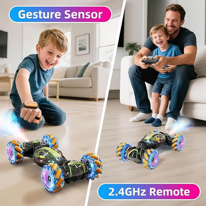 Gigilli Gesture Sensing RC Stunt Car with Spray Music Lights Remote Control Car Boys Toys Age 5-7 6-8 9 10 11 12 Birthday Easter Gifts Boys for Kids Grandkids Ages 4 7 13 Years Old 4WD Twist Drift