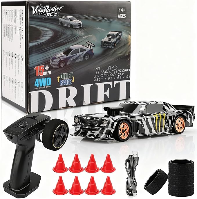 [4WD Edition 1/43 Scale Mini RC Drift Car Toys for Age 8-14 Old Birthday Gifts High Speed Racing Micro Small with Full Proportional RTR 2.4GHz Remote 2 Tire Sets 8 Cones - Camouflage