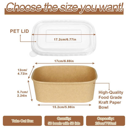 Hokimder 50 Pack 25oz Compostable Take Out Paper Food Cardboard Containers with Lids, Disposable Kraft Paper to Go Boxs, Microwave and Freezer Storage Safe for Salad, Leftovers, Soup, Snack-750ml