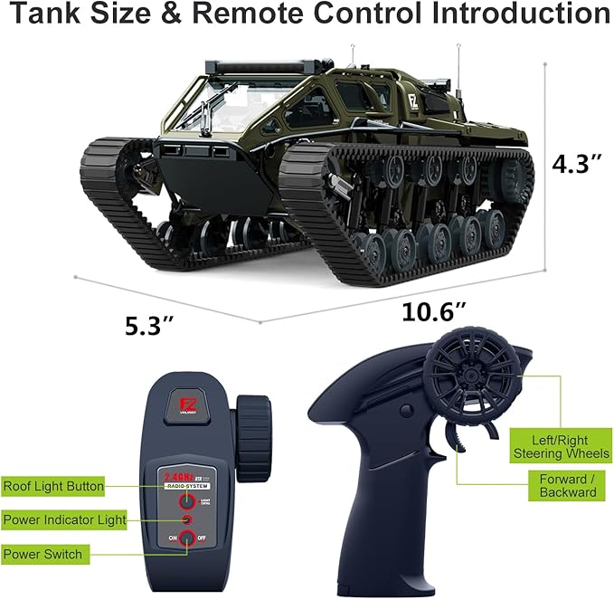 RC Tank All Terrain Army Truck for Kids - 2.4G Fully Proportional Remote Control Military Vehicle with 2 Batteries Rock Crawler 4WD 360°Rotating Drifting Car with Cool Lights Great Gift for Boys