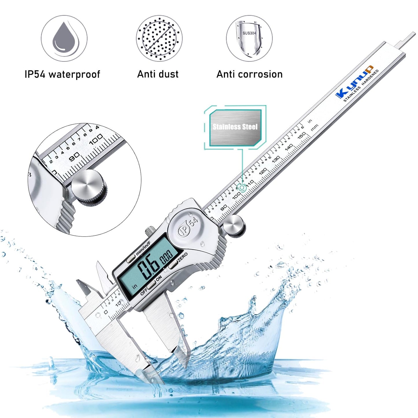 Kynup Digital Caliper, Caliper Measuring Tool Outside Micrometer, Vernier Dial Caliper Stainless Steel, IP54 Splash Proof Protection, Inch Metric Fraction Conversion, Large LCD Screen (6Inch/150mm)
