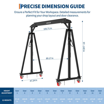 Adjustable Gantry Crane 2 Ton (4400 LBS), 12 Locking Positions (97" to 141") with Triangle Base, Portable I-Beam Hoist for Factory, Warehouse, Auto Repair & Construction