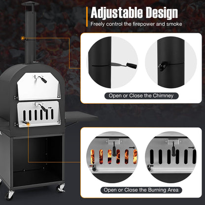 LDAILY Outdoor Pizza Oven, Wood Fired Pizza Maker with Side Shelves, Cooking Grids, Cover, Pizza Stone & Peel, Patio Portable Pizza Stove for Backyard, Camping & Party, Black