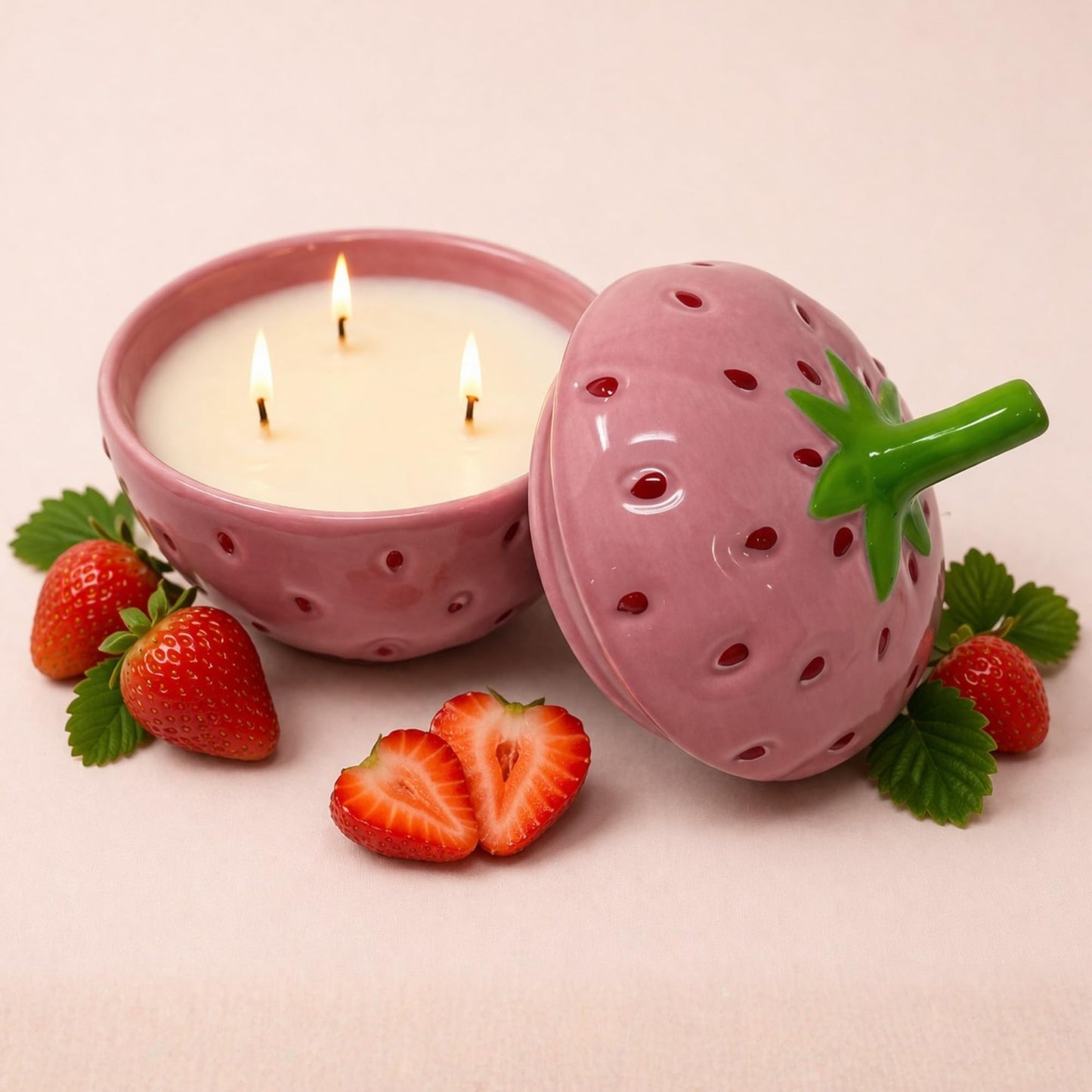 Lily Ladue Strawberry Candle - 5x5.5 3 Wick Scented Candles, 100% Soy Wax, Long Burning Highly Scented Fruity Aromatherapy, Berry Fresh Cute Whimsical Pink Room Decor, Small Strawberry Gifts for Home