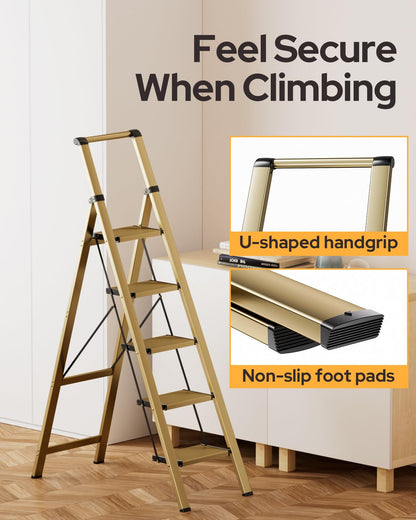 GameGem 5 Step Ladder for 10 Feet High Ceiling, Lightweight Aluminum Folding Step Stool with Convenient Handgrip, Stepladders with Anti-Slip and Wide Pedal for Home Use Space Saving - Gold