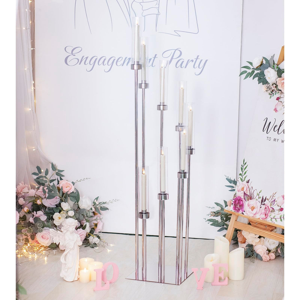 Floor Candelabra Wedding Centerpiece, 45.3'' Tall Floor Candle Holder Set, 8-arm Silver Metal Candlestick Holders with Acrylic Shades, LED Taper Candle Holder Stand for Party Wedding Home Decor