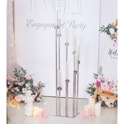 Floor Candelabra Wedding Centerpiece, 45.3'' Tall Floor Candle Holder Set, 8-arm Silver Metal Candlestick Holders with Acrylic Shades, LED Taper Candle Holder Stand for Party Wedding Home Decor