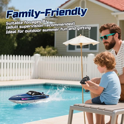 RC Boats for Adults Remote Control Boat for Pools and Lakes WF17 25+ KMH Fast RC Speed Boat with 7 LED Light Modes for Kids 8-12 Summer Toys for Boys Girls 2 Batteries for 30-40 Mins Blue