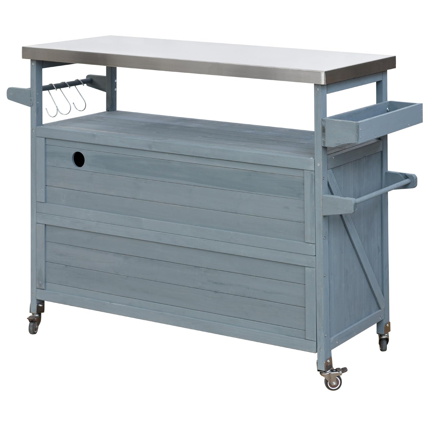 eodme Outdoor Cabinet for Patio Graden BBQ Grill Cart with Storage Cabinet, Home Rolling Kitchen Island Food Prep Table with Stainless Steel Top, Shelves, Spice Rack, Towel Rack(Grey Blue)