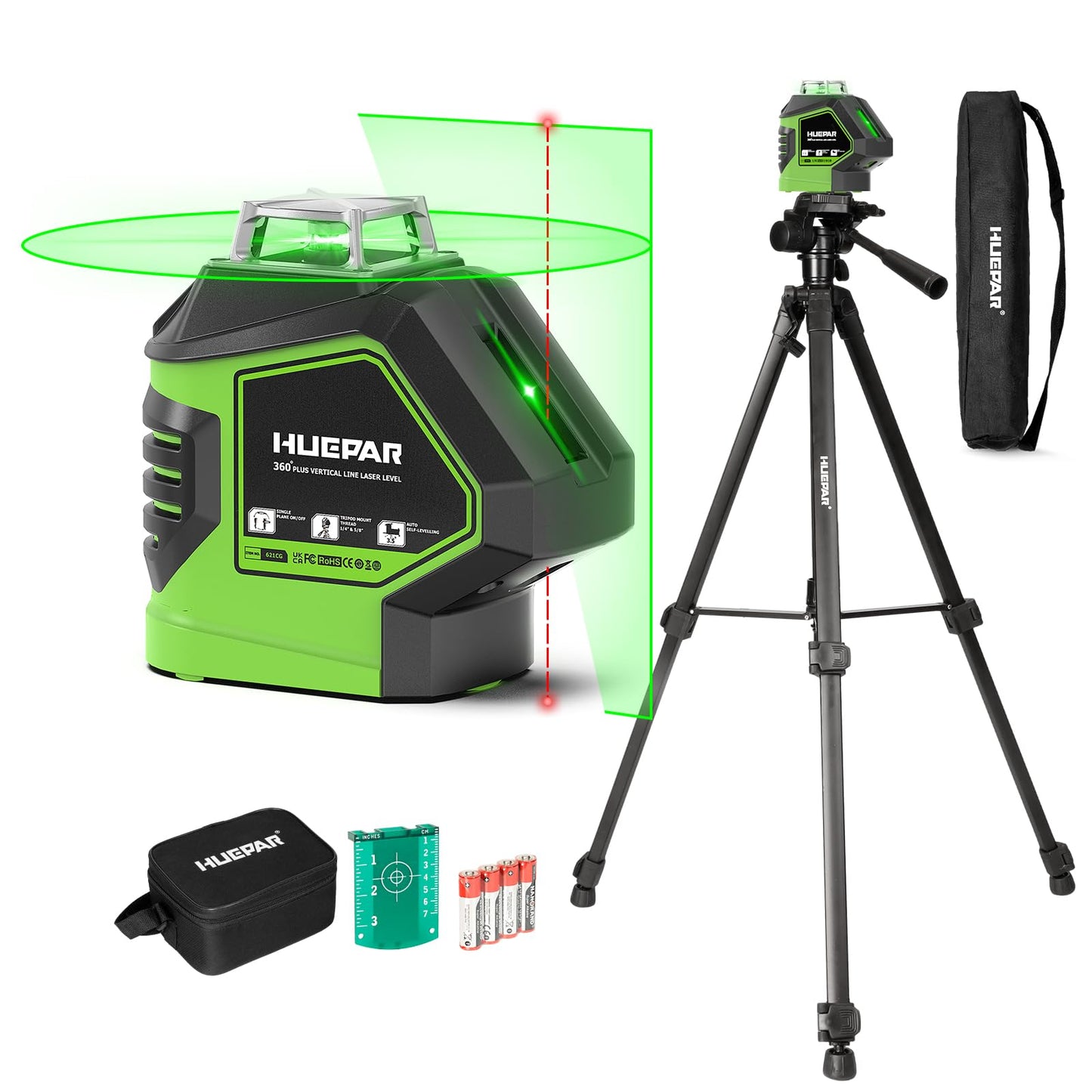 Laser Level with Tripod 60 Inch, Huepar Self Leveling Laser Level with 2 Plumb Dots -Green Cross Line Laser Leveler Tool with 360° Horizontal and 140° Vertical Line for Construction & Home Use 621CGT