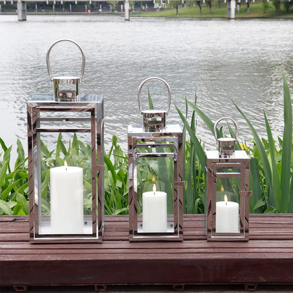 TRIROCKS Stainless Steel Lantern Set of 3, 19" Tall Metal Hanging Lanterns with Clear Glass Panels, Indoor & Outdoor Home Decor for Living Room, Tabletop, Parties & Events - Silver Finish