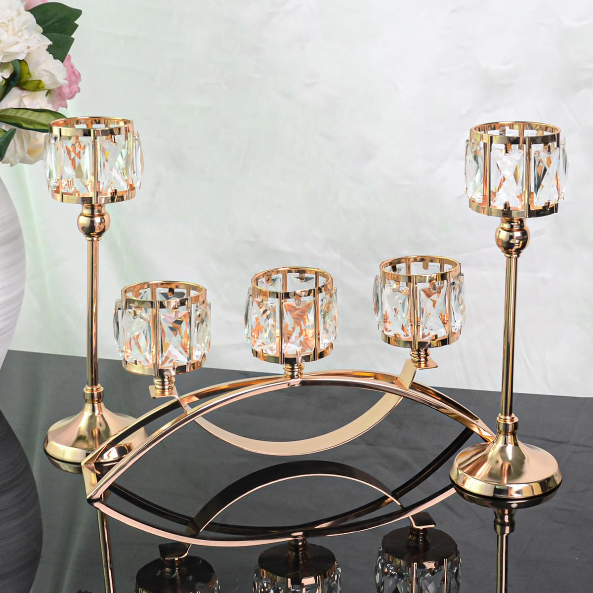 KEHAIL 3 Arms Crystal Candle Holders, Arch Candlestick Table Candelabras Centerpieces for Wedding, Dinning Room, Cabinet Ornaments, Home Decoration, Gift (3-arm Arched Set, Gold)