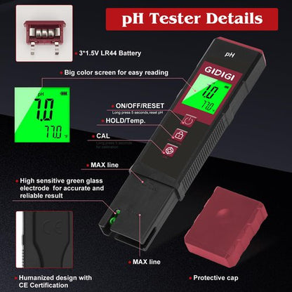 GIDIGI Digital pH Meter High Accuracy UL-Certified Water Tester with 6 Packs Calibration Powders Color LCD Backlit Display with pH Test Strip for Pools Hydroponics Aquariums Hot Tubs Drinking Water