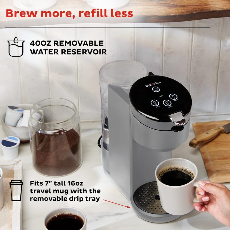 Instant Pot Single Serve K-Cup Pod Compatible Coffee Maker with Reusable Pod & Bold Setting, 8-12oz, 40oz Reservoir, Grey