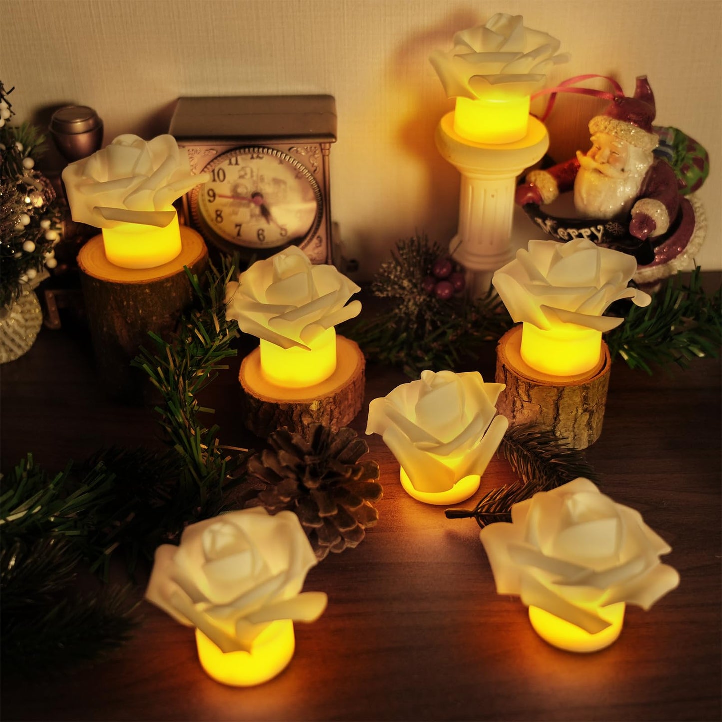 SupBri 12 Pack Led Candles with Artificial Flowers, 200+Hour Battery Operated Tea Lights Candles for Centerpiece Table, Party, Wedding Decorations(White)