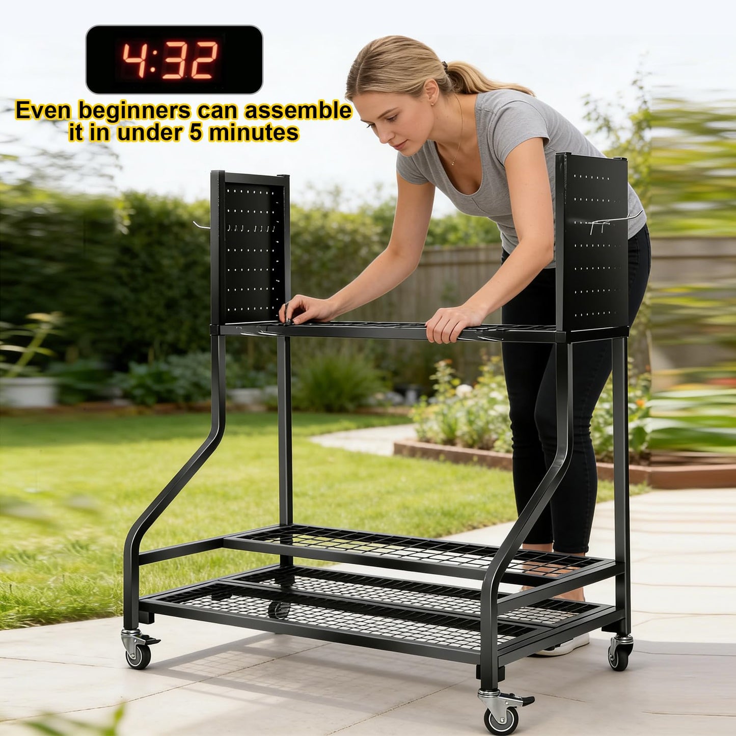KYLIN Heavy Duty Garden Tool Organizer Rack on Wheels, 450 lbs Capacity with 4 Locking TPR Wheels, 55 lbs 0.059'' Steel Frame Mobile Garage Storage - No Nuts,No Bolts - Easy Assembly Utility Cart