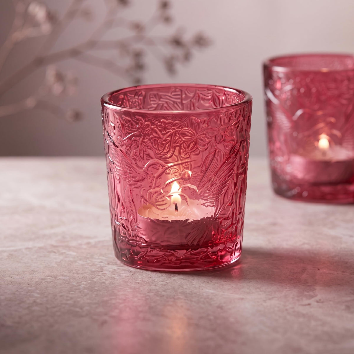 6 Pack Hummingbird Embossed Glass Candle Holders Votive Tealight Holders with Patent Design, Decorative Glass Cups for Wedding Centerpieces, Parties, and Home Decor (Wildberry Red)