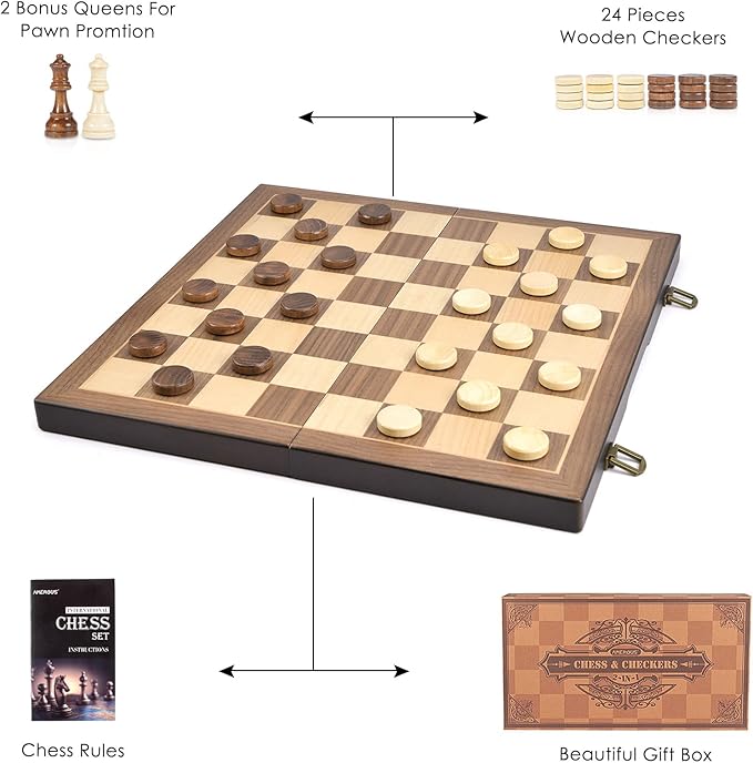 AMEROUS Magnetic Wooden Chess and Checkers Game Set 15 Inches (2 in 1) Chess Board Games 2 Extra Queens - Gift Package - Game Pieces Storage Slots Beginner Chess Set for Kids Adults