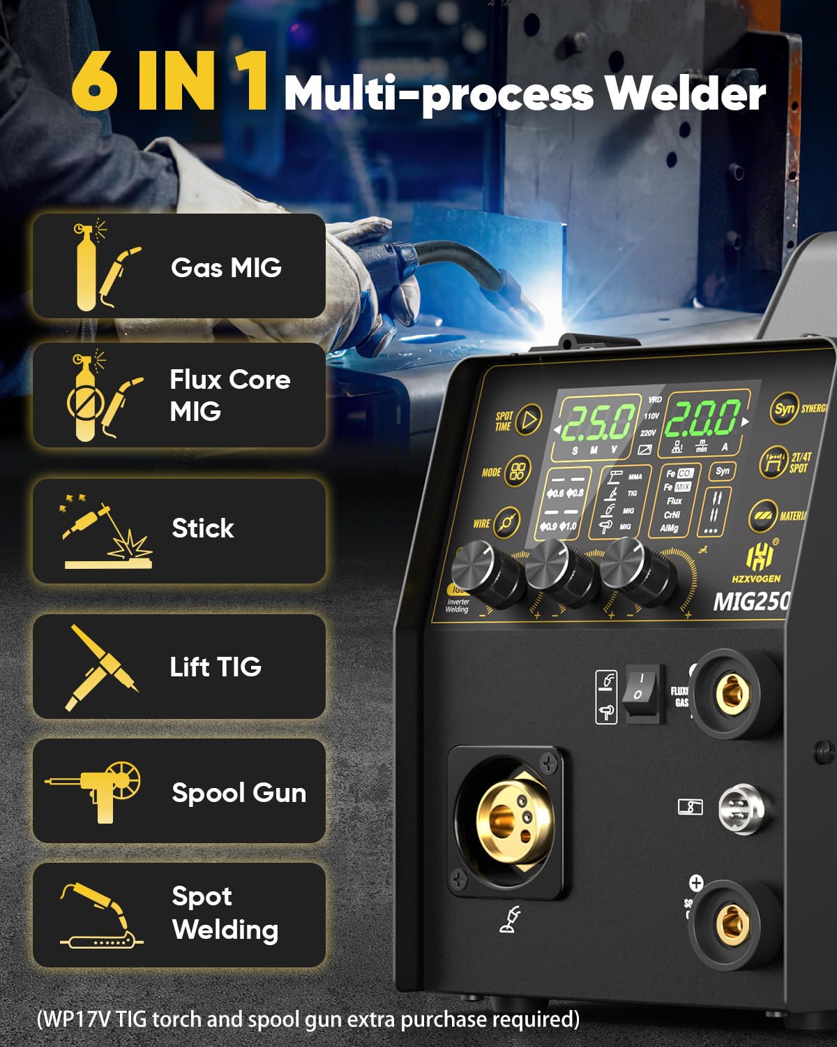 H HZXVOGEN MIG Welder, 250Amp 6 in 1 Gas MIG/Flux Core MIG/Stick/Lift TIG/Spot welding/Spool Gun 110V/220V Aluminum Multi Process Professional Welding Machine with LED Digital Display, 2T/4T