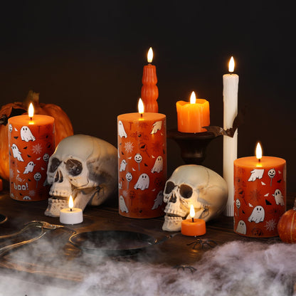 Girimax Burnt Orange Halloween Flameless Pillar Candles with Remote, Ghost LED Wax Candles Battery Operated Set of 3