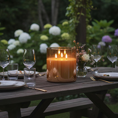 NICEME Extra Large 3 Wick Battery Operated Candle, 6"x6" Big Clear Glass Flameless Candles with Remote, Real Wax Flickering Led Pillar Fake Giant Candle for Wedding Party Holiday Home Decor, Gold