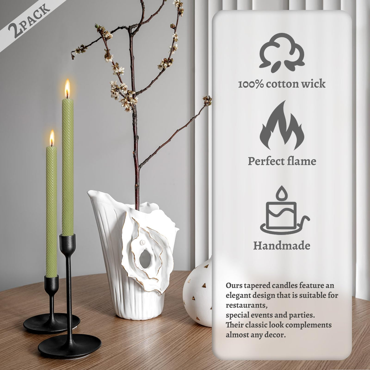 Unscented Long Spiral Taper Candle Handmade Dripless Grass Green 10 Inch Smokeless Tall Twisted Candlesticks Elegant Wave Design for Home Wedding Festive Décor