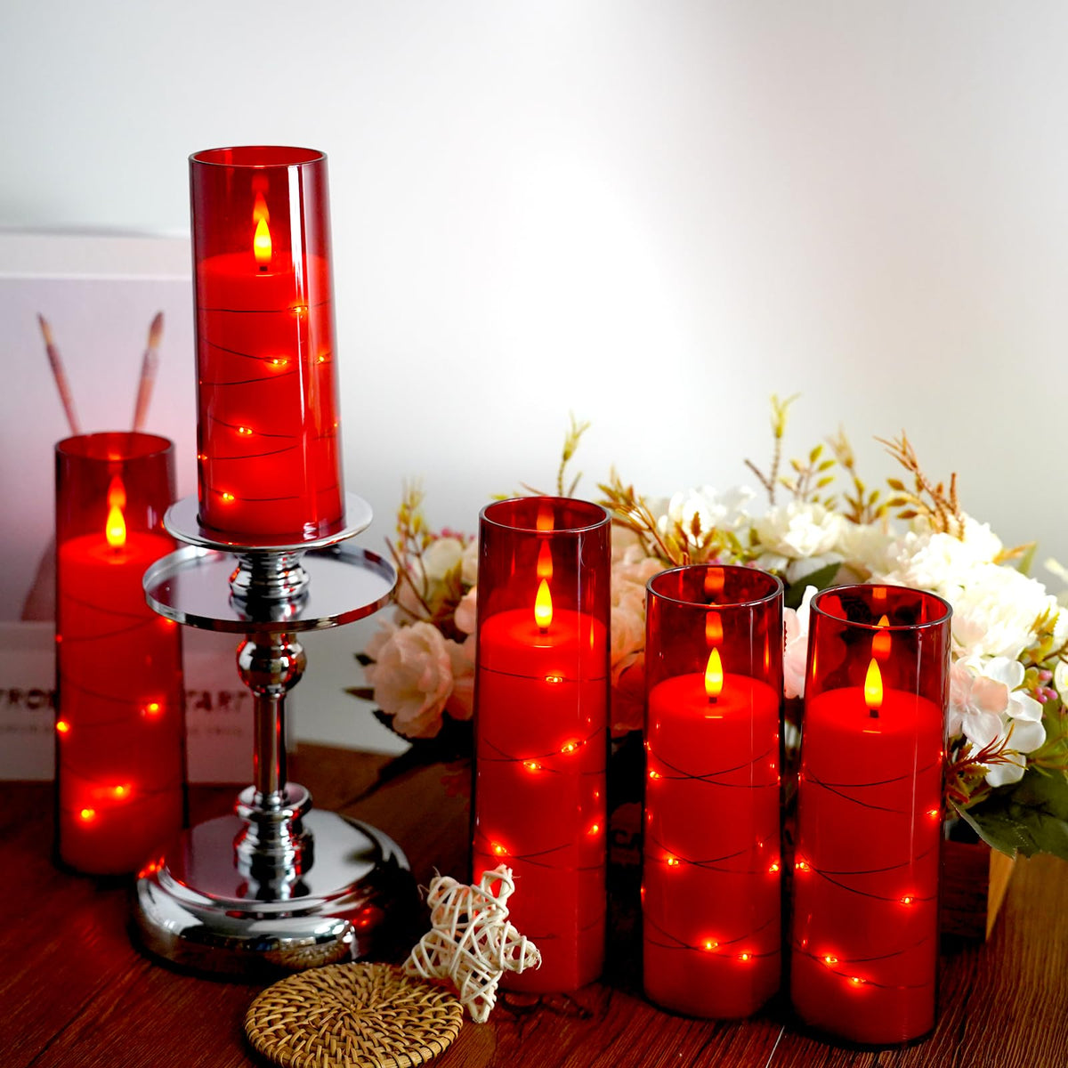 Flameless Candles,with Embedded Star String, Battery Operated Candles Flickering LED Pillar Candles with Remote Control and Timer, Home Decoration Add a Warm and Romantic Atmosphere，Set of 7 (Red)