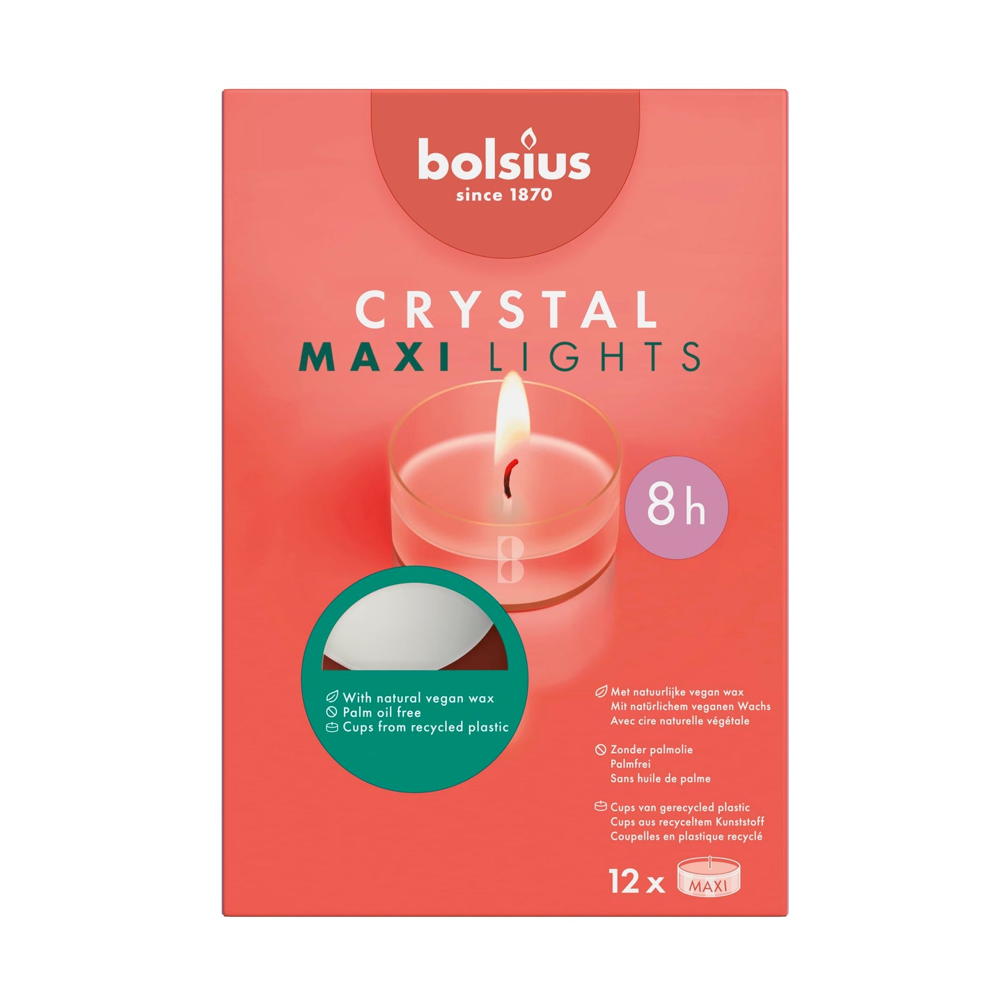 Bolsius Maxi XL Tealight Candles - Clear Cup - White - Box of 12 Transparent Tealights - Long Burning Time of 8 Hours - Interior Decoration - Unscented - Includes Natural Vegan Wax - No Palm Oil
