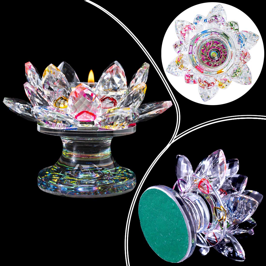H&D HYALINE & DORA Colorful Crystal Lotus Flower Candle Holder Tealight Holders (4.5inch-Multi)
