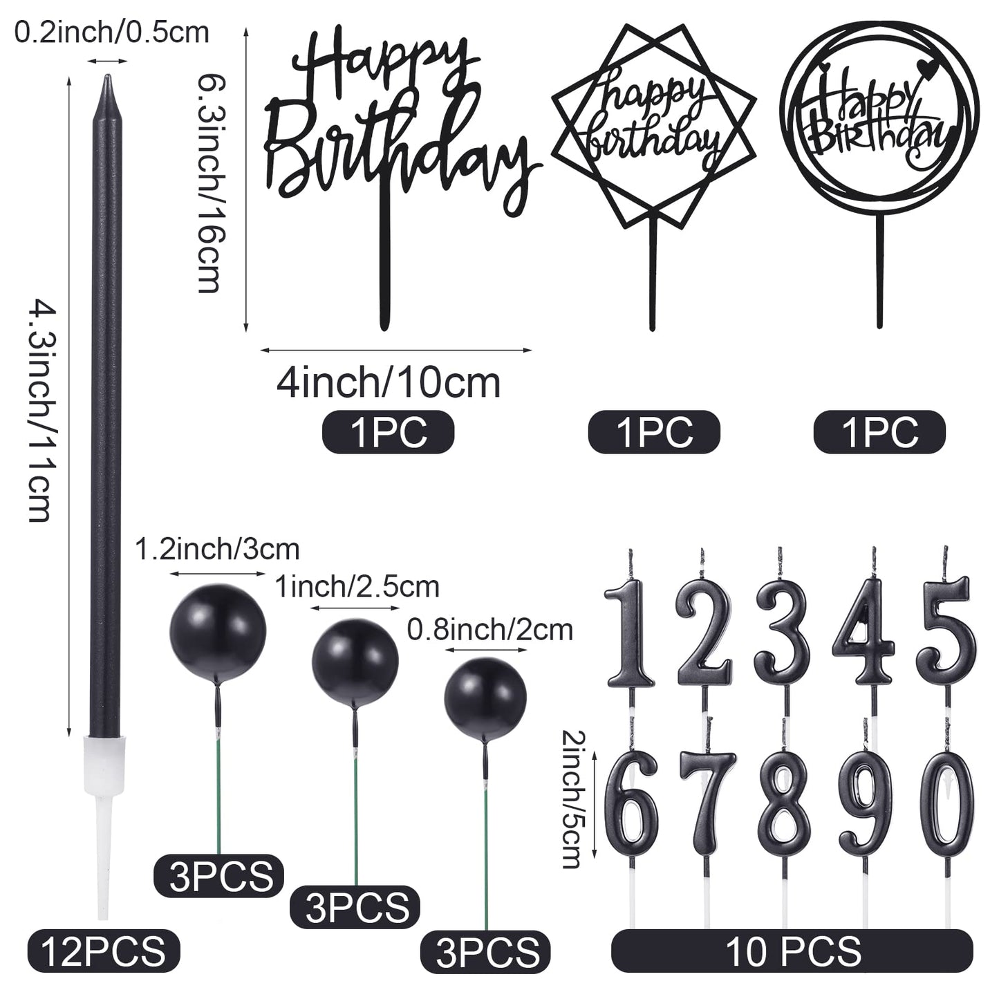 Yerliker 34 Pcs Happy Birthday Cake Toppers Decorations Birthday Candles DIY Cake Decor for Men Women Wedding Anniversary(Black)