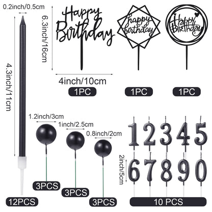 Yerliker 34 Pcs Happy Birthday Cake Toppers Decorations Birthday Candles DIY Cake Decor for Men Women Wedding Anniversary(Black)