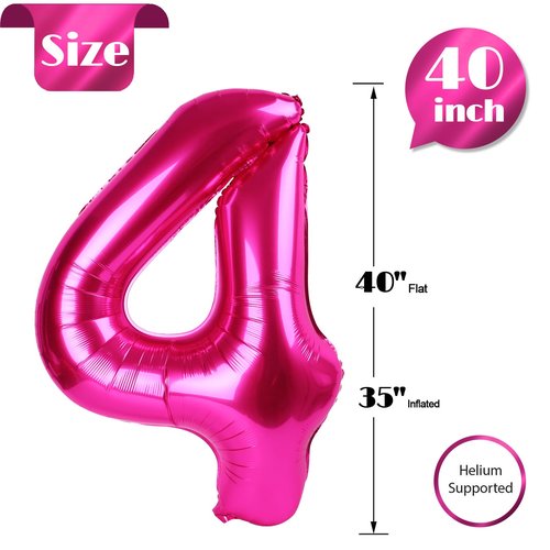 Hot Pink 4 Balloon, Number Balloons 40 Inch, 4th Birthday Decorations for Girls Four Large Numbers for Party Decor, Number 4 Balloon