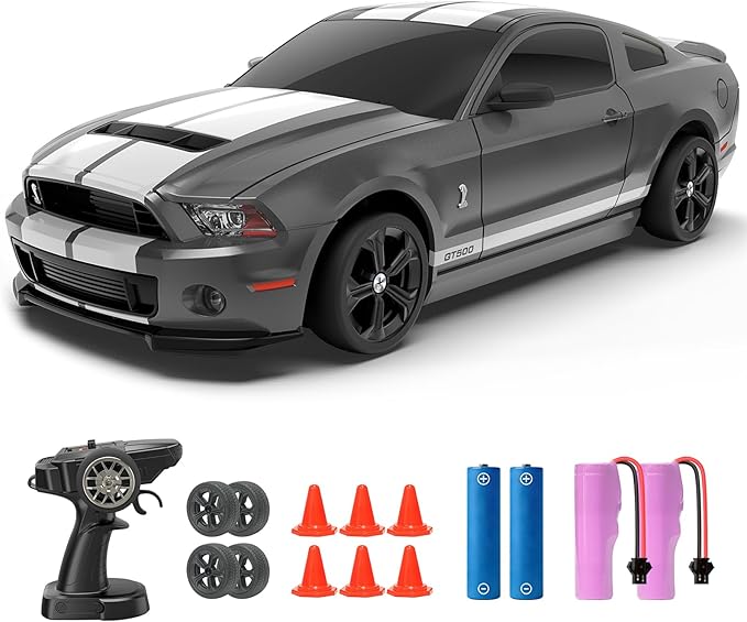 YONCHER RC Drift Car Remote Control Car for Kids Ford Mustang Shelby GT500 Officially Licensed 1:24 20KM/H 4WD with Lights Fast Racing Toy Car for Boys Girls Gray