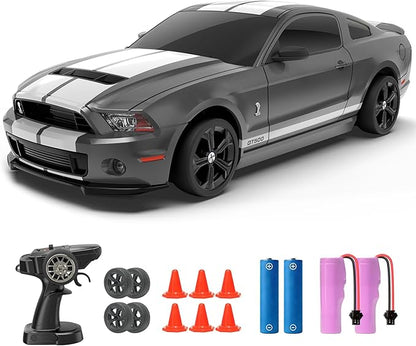 YONCHER RC Drift Car Remote Control Car for Kids Ford Mustang Shelby GT500 Officially Licensed 1:24 20KM/H 4WD with Lights Fast Racing Toy Car for Boys Girls Gray