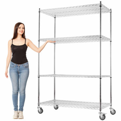 Rolling Shelves With Wheels Storage Rack With Wheels Wire Racks Rolling Wire Shelves on Wheels Stainless Steel Metal Shelving With Wheels for Garage Kitchen Pantry(48"L x 24"W x 76"H 4-Tier) (Chrome)