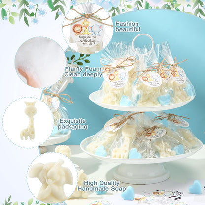 Demissle 20 Sets Safari Animal Baby Shower Soaps Favors for Guests Jungle Greeting Card Bath Gift for Birthday (Blue)