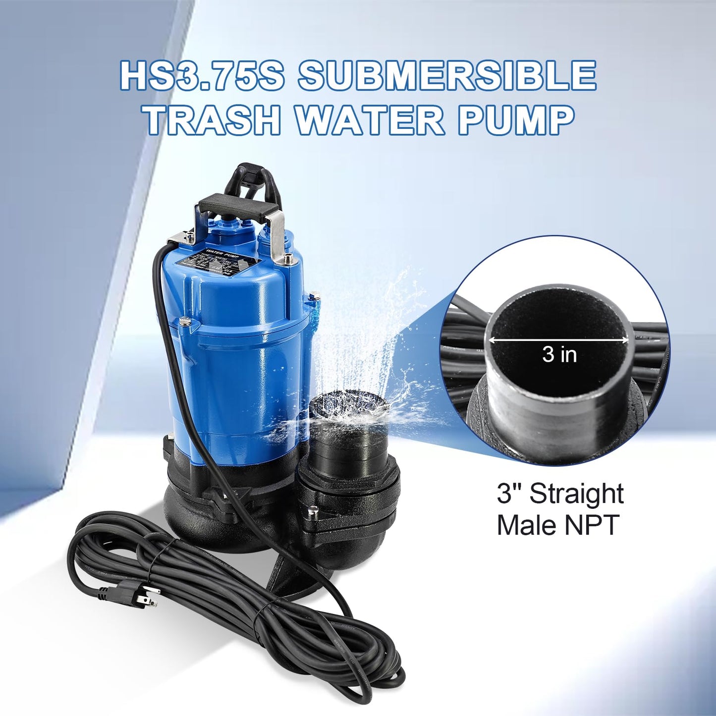 HSZ3.75S HS3.75S 1 HP 115V Automatic Electric Submersible Wastewater Pump with Float Switch Replacement for HS3.75S-62, 61 GPM / 3660 GPH, 3" Straight Male NPT
