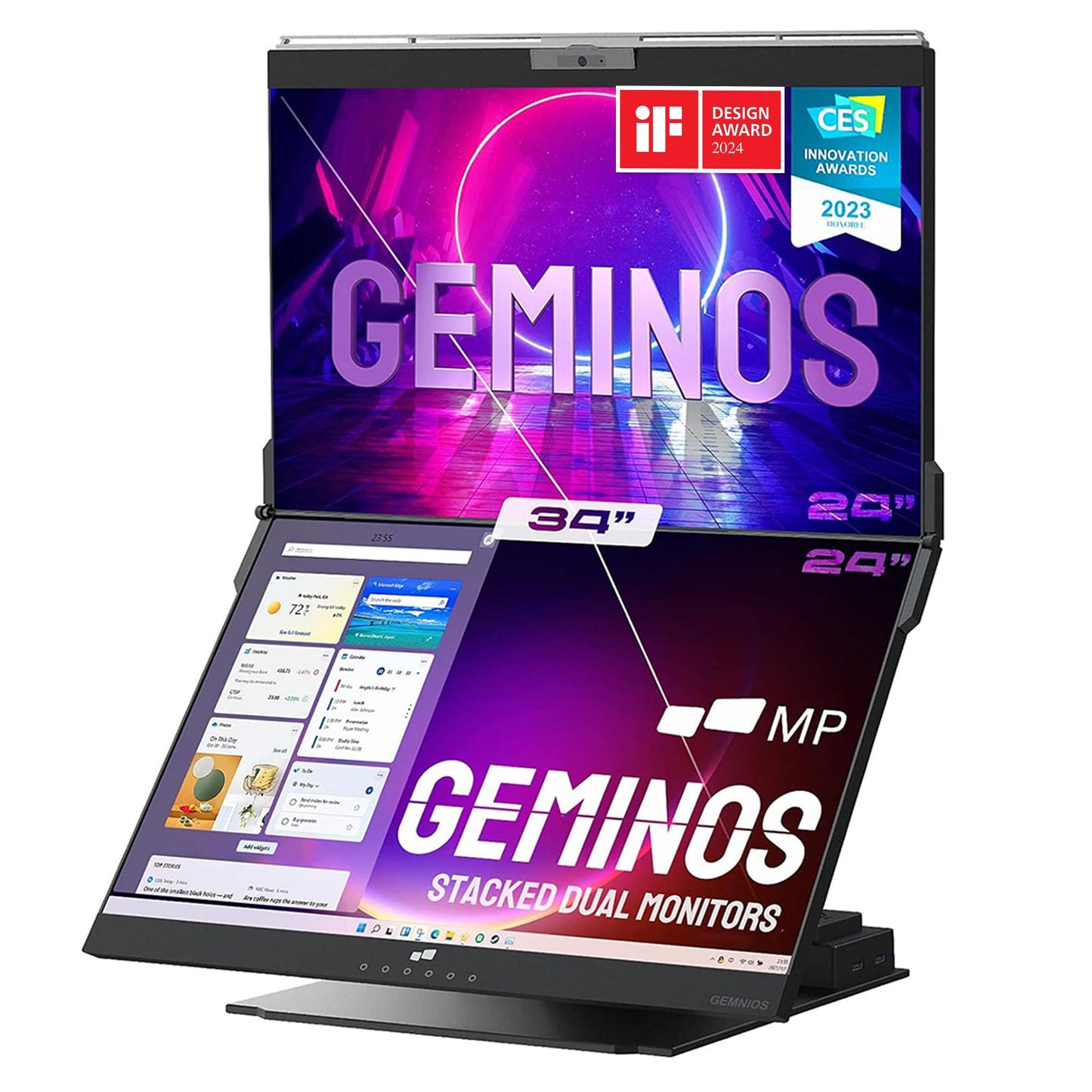 Mobile Pixels Geminos (2 x 24 inch) IPS Dual Stacked Computer Monitors with 65W USB-C Charging, 1080P Webcam&Speakers, All-Inclusive Workstation PC Monitor, USB-A/USB-C/HDMI, Ergo Design(2 Monitors)