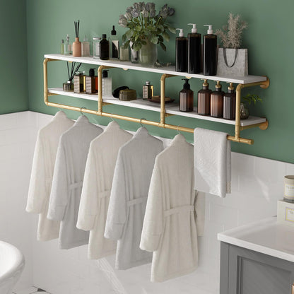 ORSENIGO Industrial Pipe Clothing Rack with Shelves, Gold Wall Mounted Clothes Rack for Home Retail